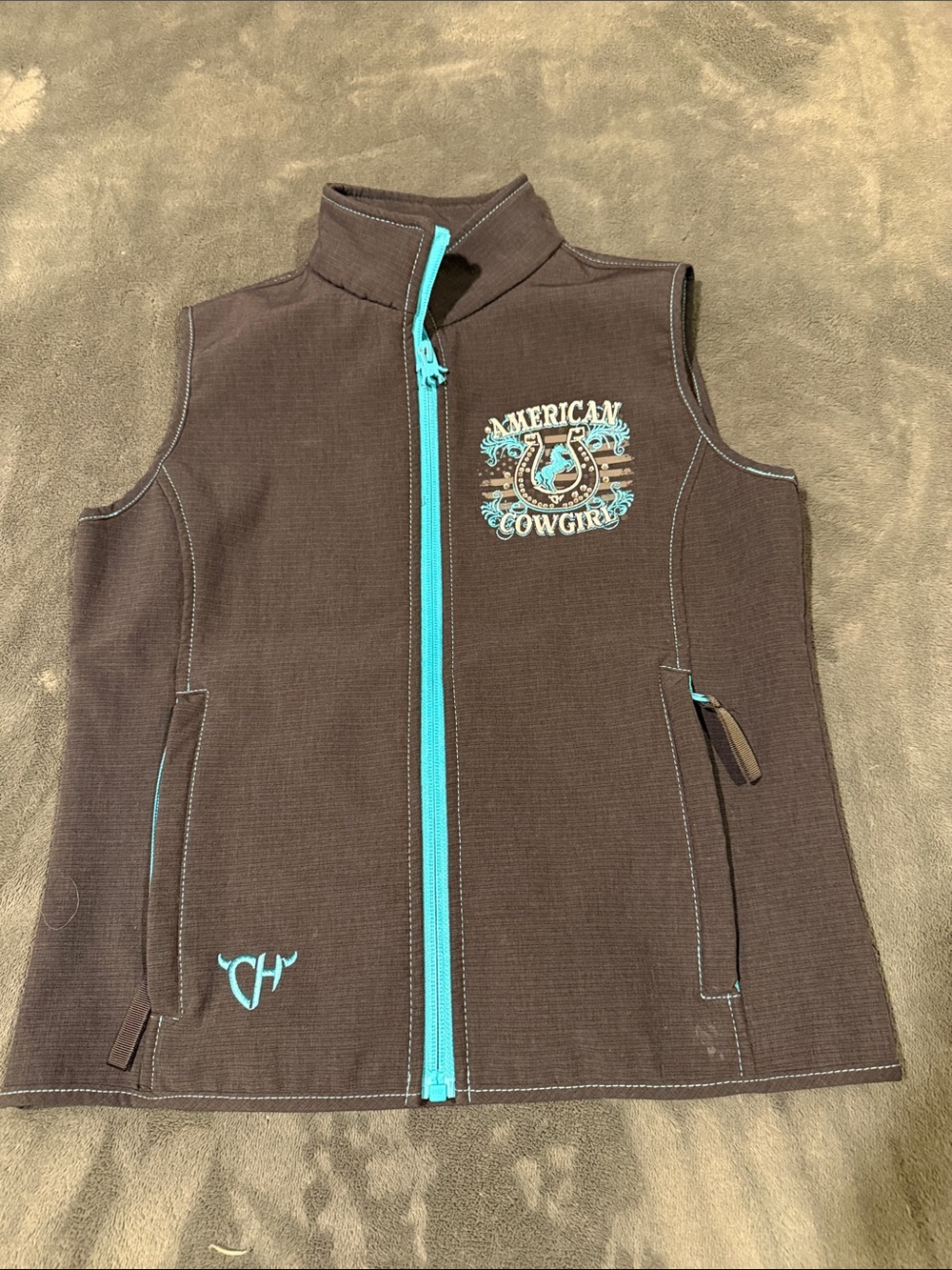 American Cowgirl Girls' Brown Vest with Turquoise Accent